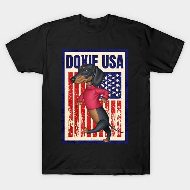 Doxie red white blue patriotic Black Dachshund Walking USA T-Shirt by Danny Gordon Art